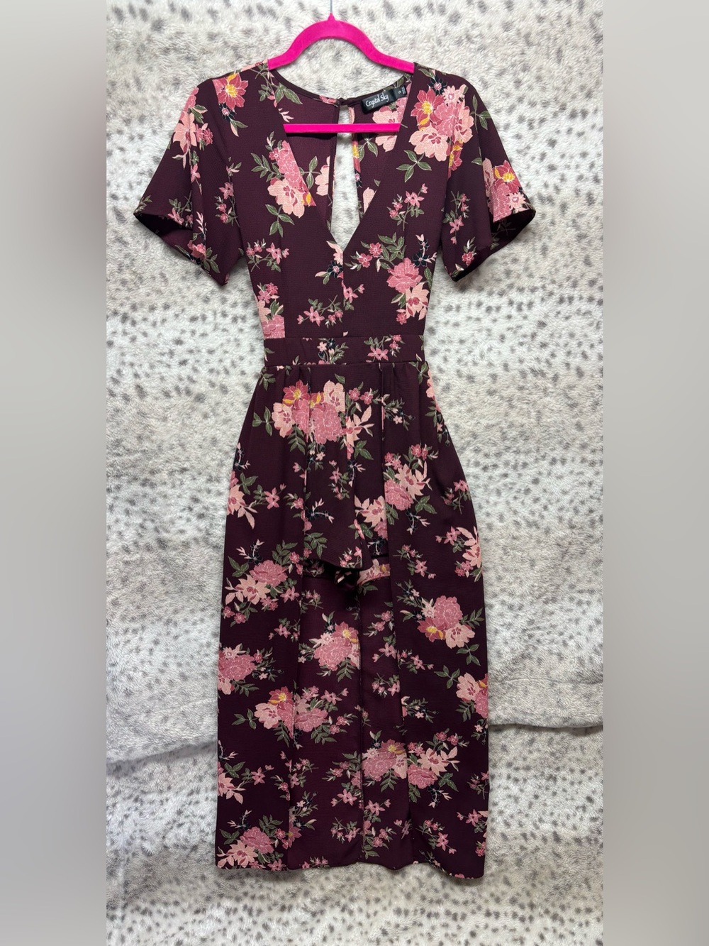 CRYSTAL SKY HI-LOW, V-NECK, OPEN BACK FLORAL ROMPER